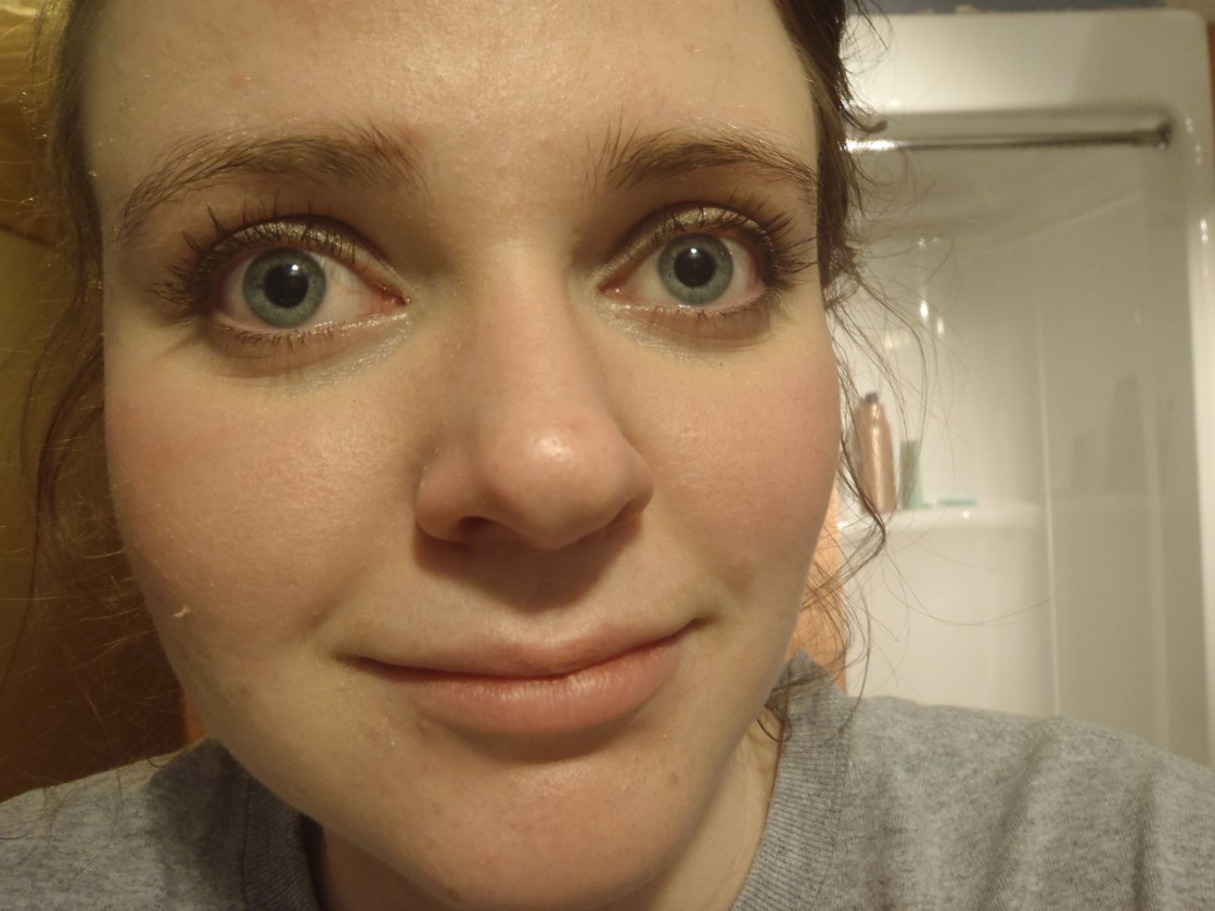 Ugh, I cannot believe I'm showing this but here is: late night picture of me wearing the powder over my Rimmel WMU foundation again up close and personal on a not-so-flattering flaky and spotty skin day.