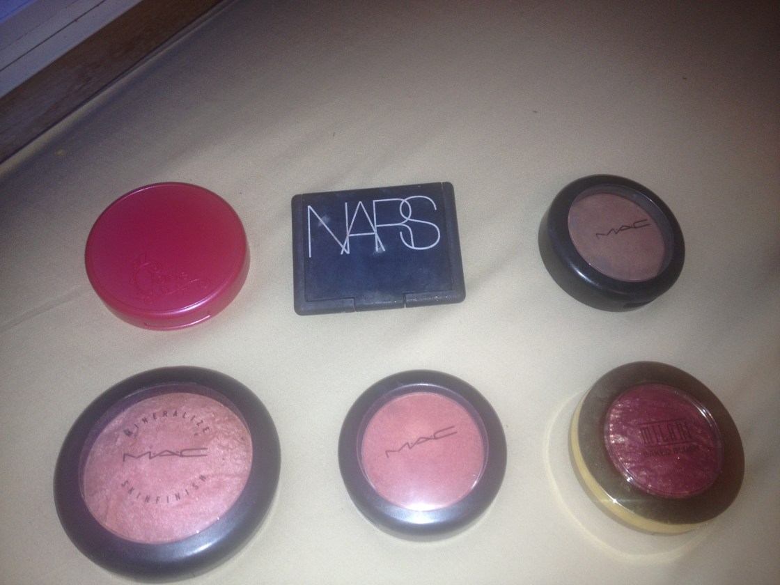 Top L-R - Tarte Natural Beauty, Nars Orgasm, MAC Harmony,  Bottom L-R- MAC Stereo Rose/ MAC Springsheen and Milani Red Vino