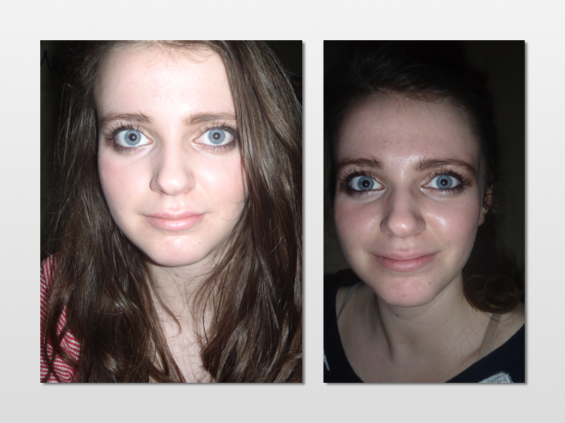 both taken with flash: right after application on the left and twelve hours after on the right