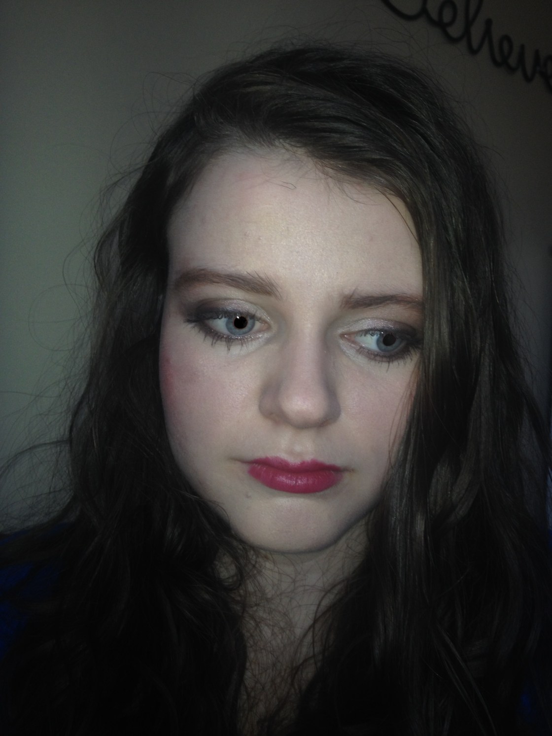 products in use: wearing the Maybelline foundation, MAC Springsheen on the cheeks with some highlighter and MAC Club in the outer corner and crease of the eye - taken with flash :)